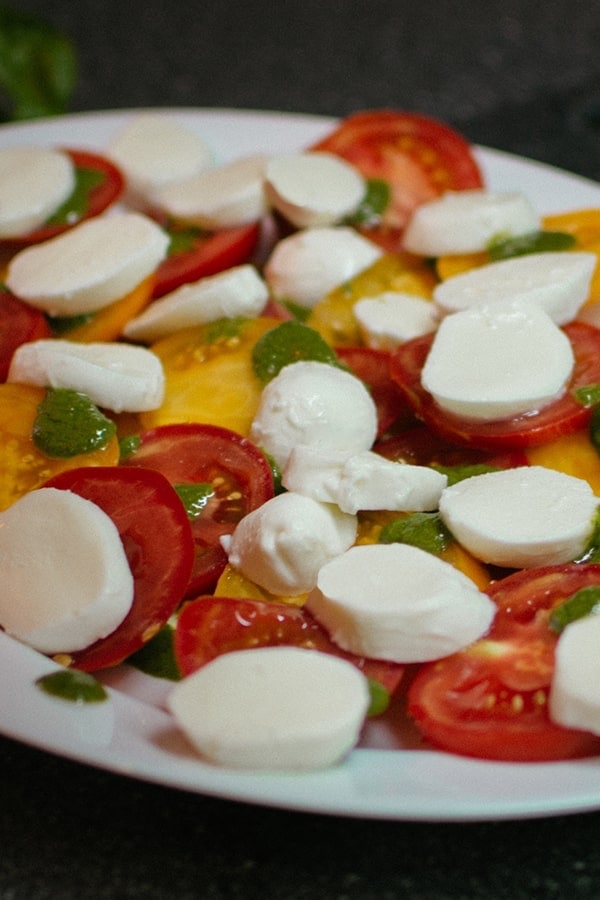 Caprese salad with mozzarella and fresh tomatoes.