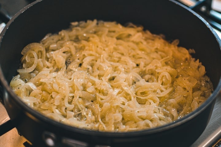Caramelized onions into a pan