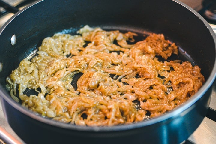 Caramelized onions into a pan