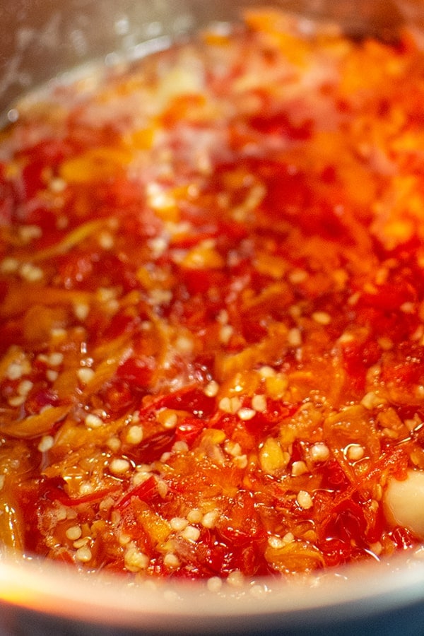 Boiled sweet chili peppers sauce.