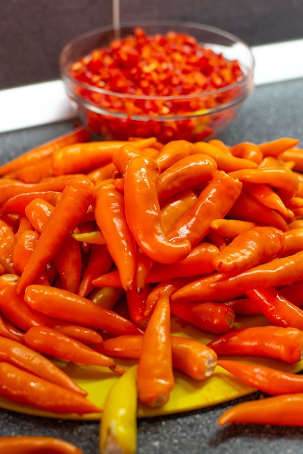 Red chilly peppers without stems