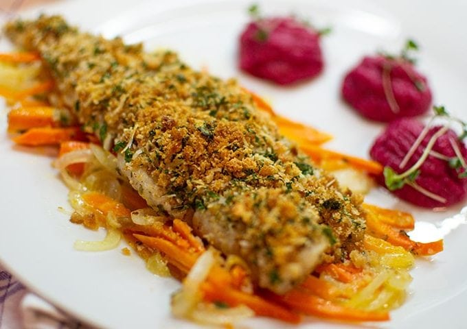 White fish fillet on plate with puree