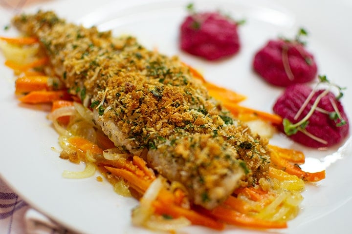 White fish fillet on plate with puree