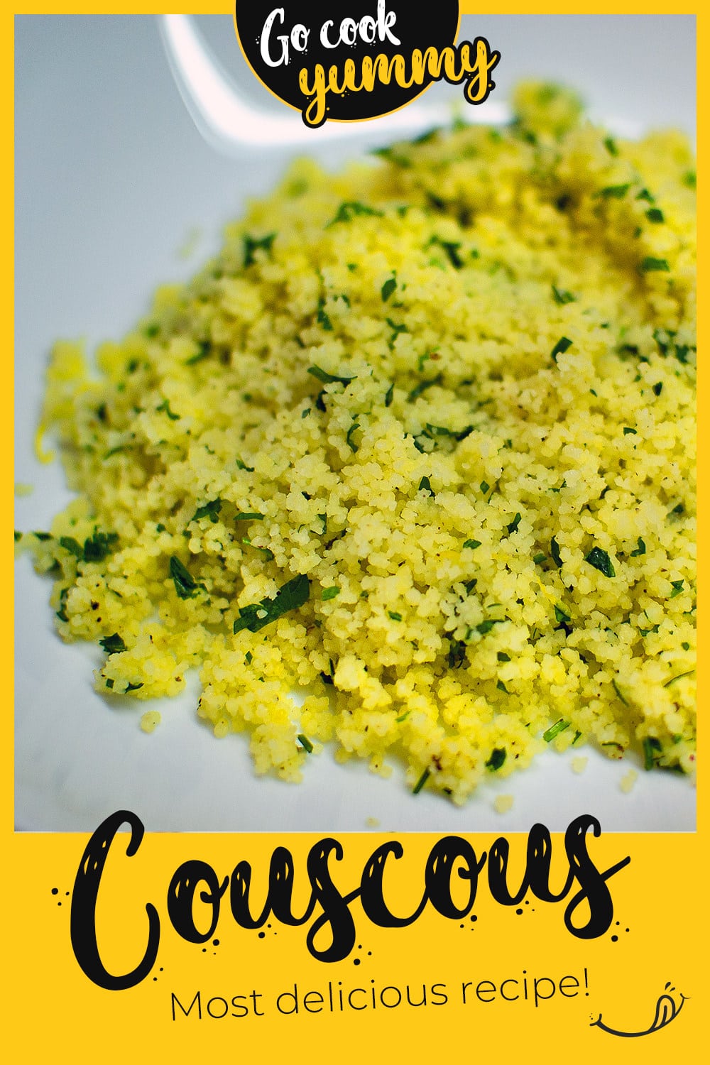 Couscous with chopped parsley on a white plate.