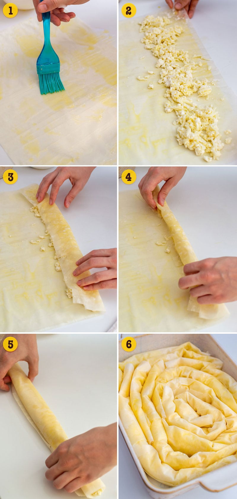 Step by step guide how to roll phyllo dough for a bosnian cheese pita sirnica.