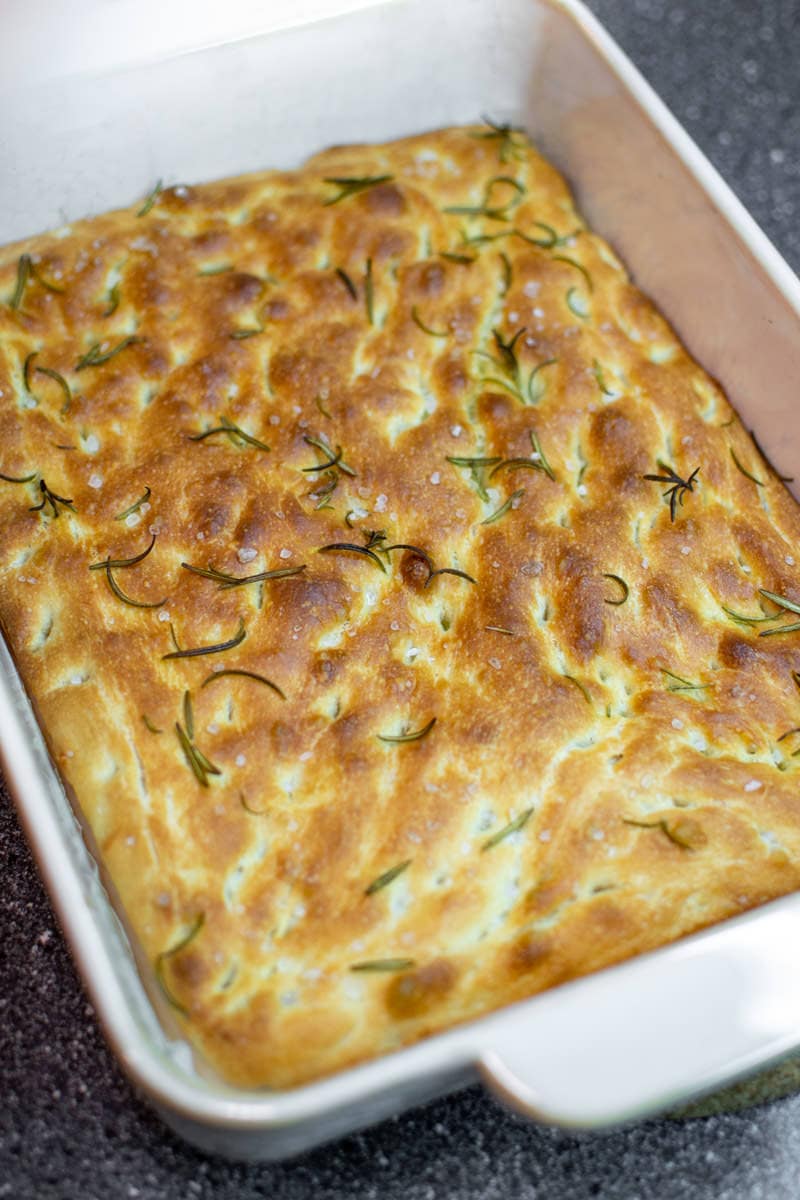 Close up look at the traditional Focaccia with Rosemary.