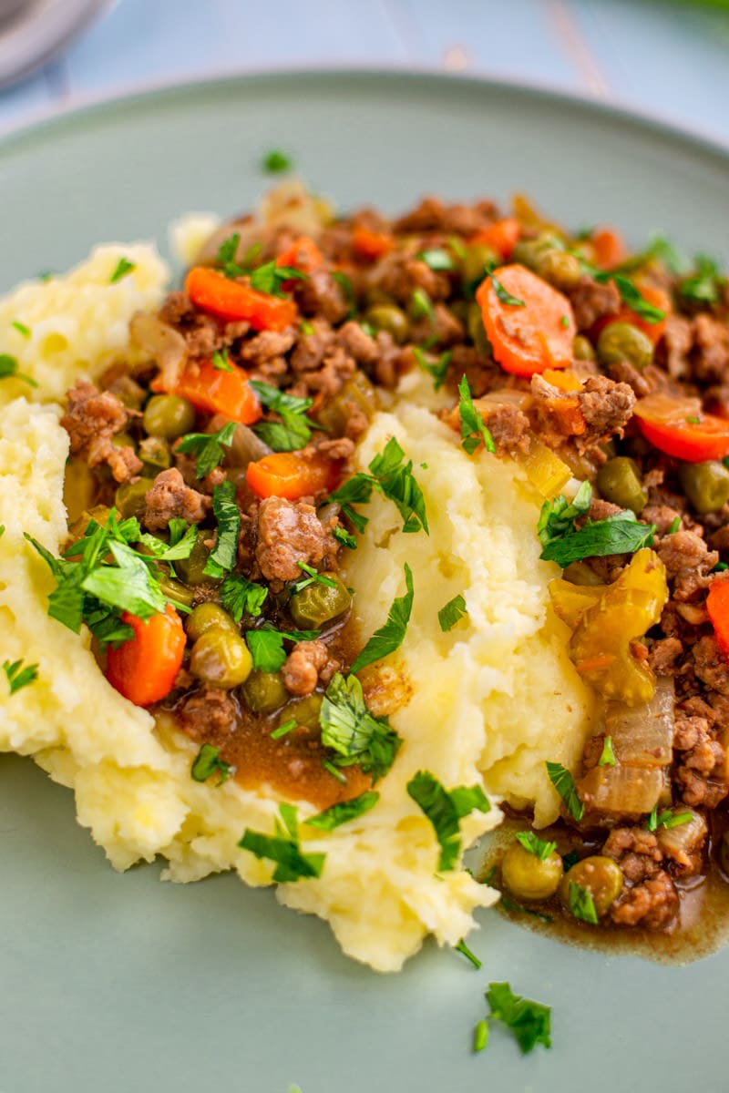 Delicious Scottish mince and tatties with fresh parsley.