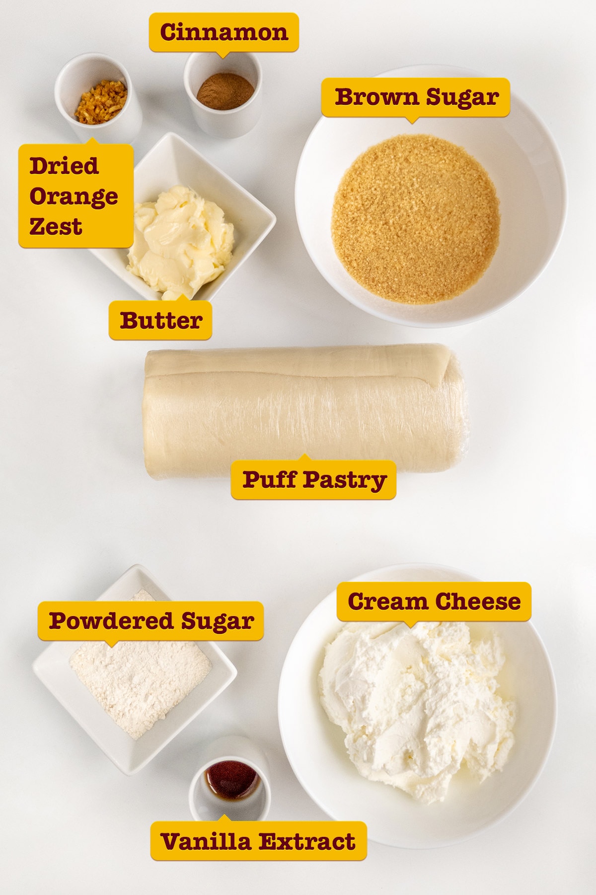 Ingredients for homemade cinnamon rolls in air fryer using puff pastry.