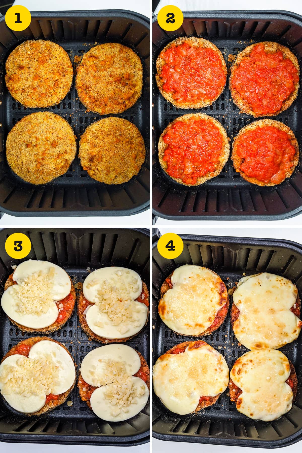 Step-by-step how to add ingredients for the air fryer eggplant parmesan and mozzarella.