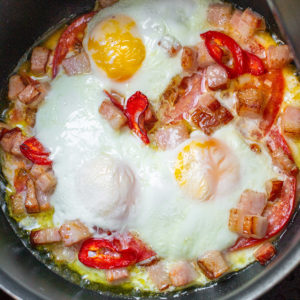 Fried Eggs With Bacon and red peppers in Air Fryer.