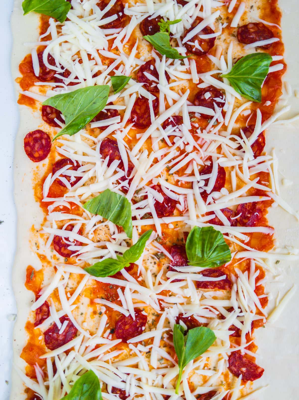 Close up look with grated mozzarella cheese, chorizo and basil leaves.