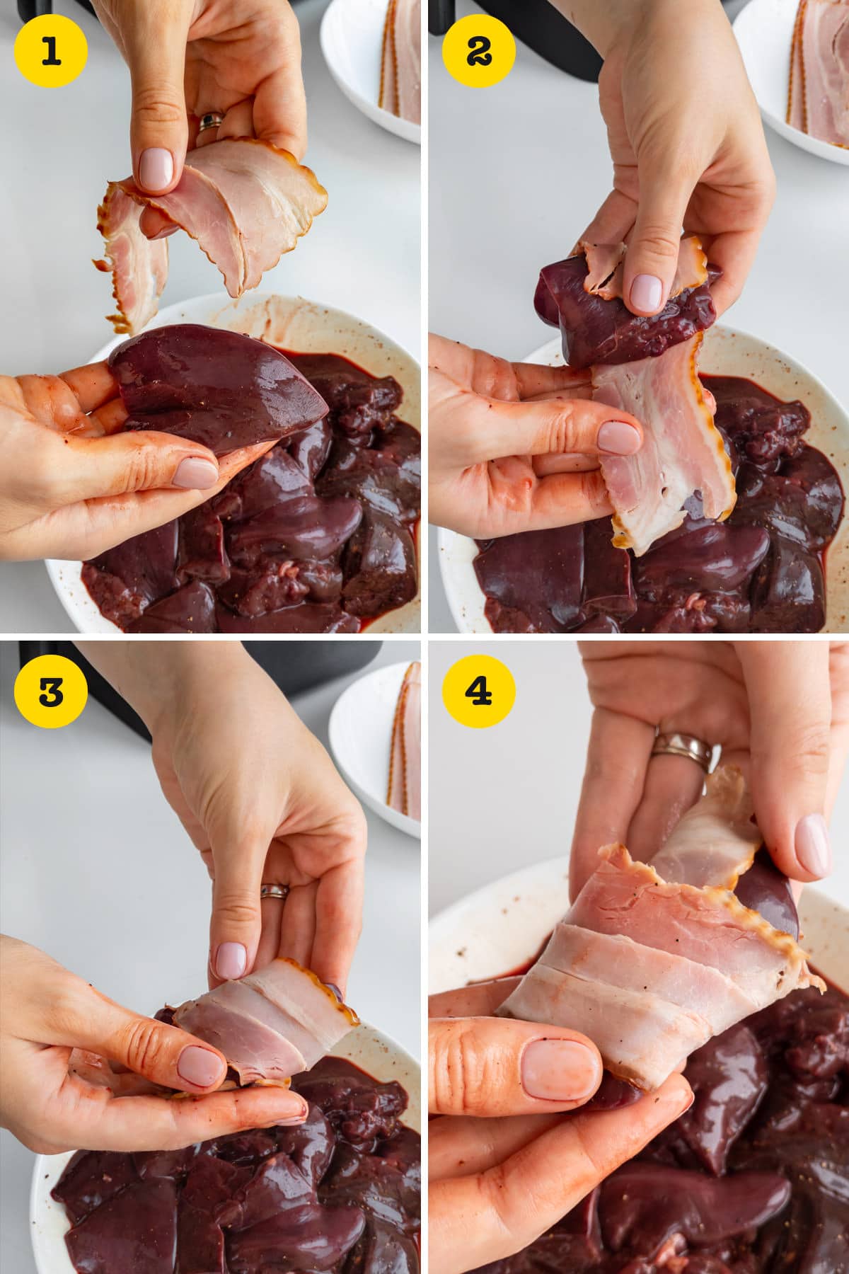 Step-by-step how to wrap turkey livers in bacon.