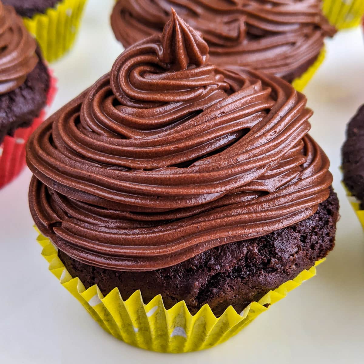 Close view of a delicious chocolate cupcake in air fryer.