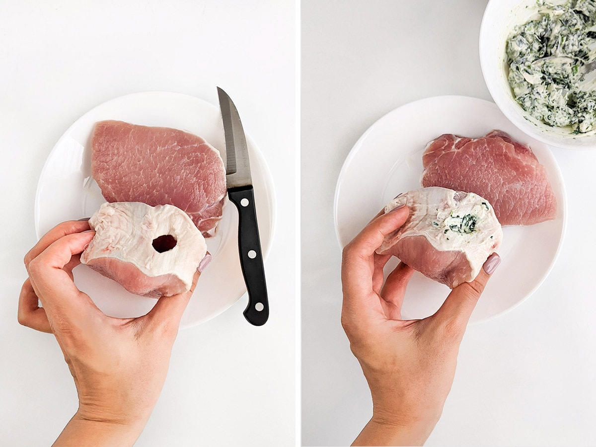 Collage of how to fill the pork chops with spinach and cream cheese.