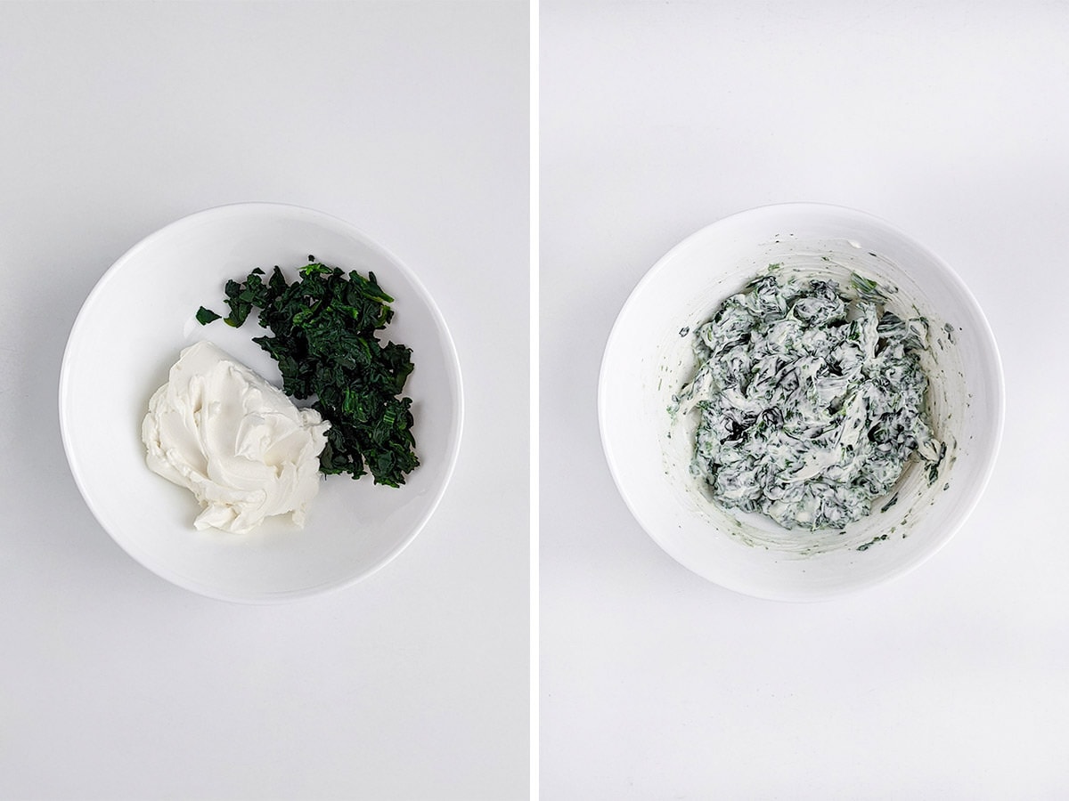 Collage of two plates with cream cheese and spinach.