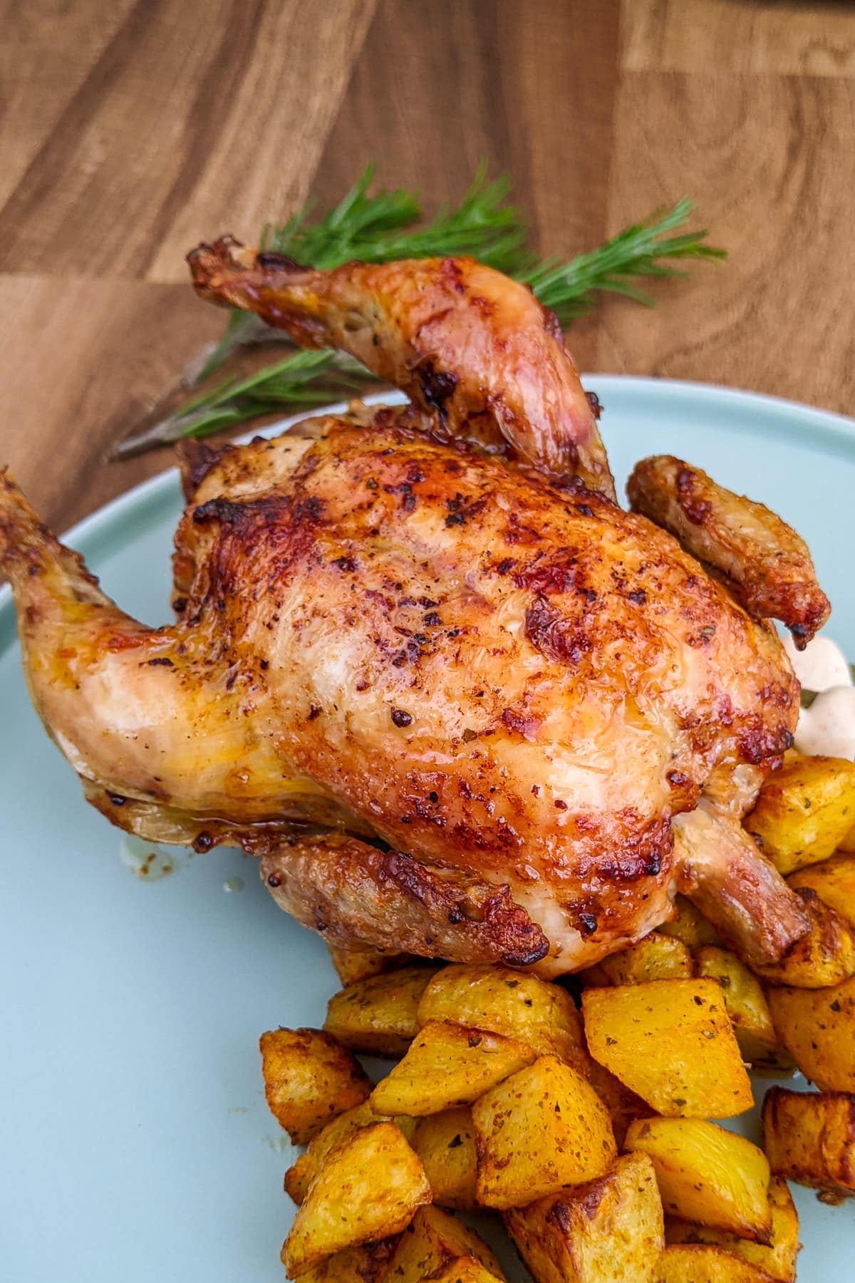 Whole roasted cornish hen near with diced potatoes.