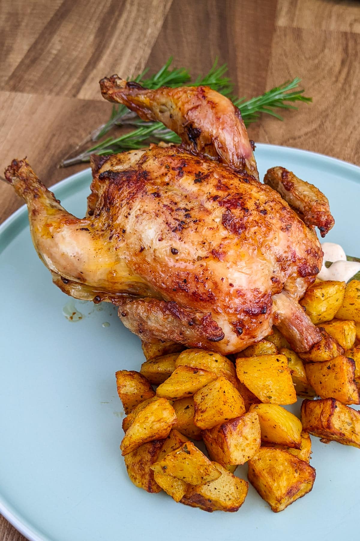 A plate with roasted cornish hen and air fryer potatoes.