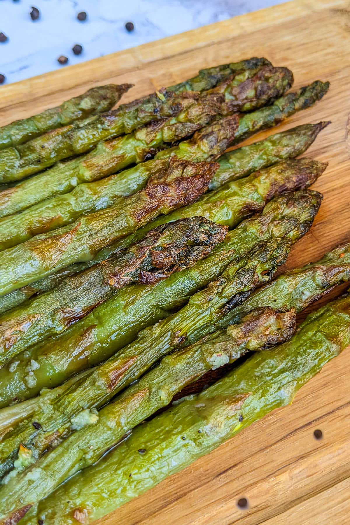 Close look of Frozen Asparagus in Air Fryer.