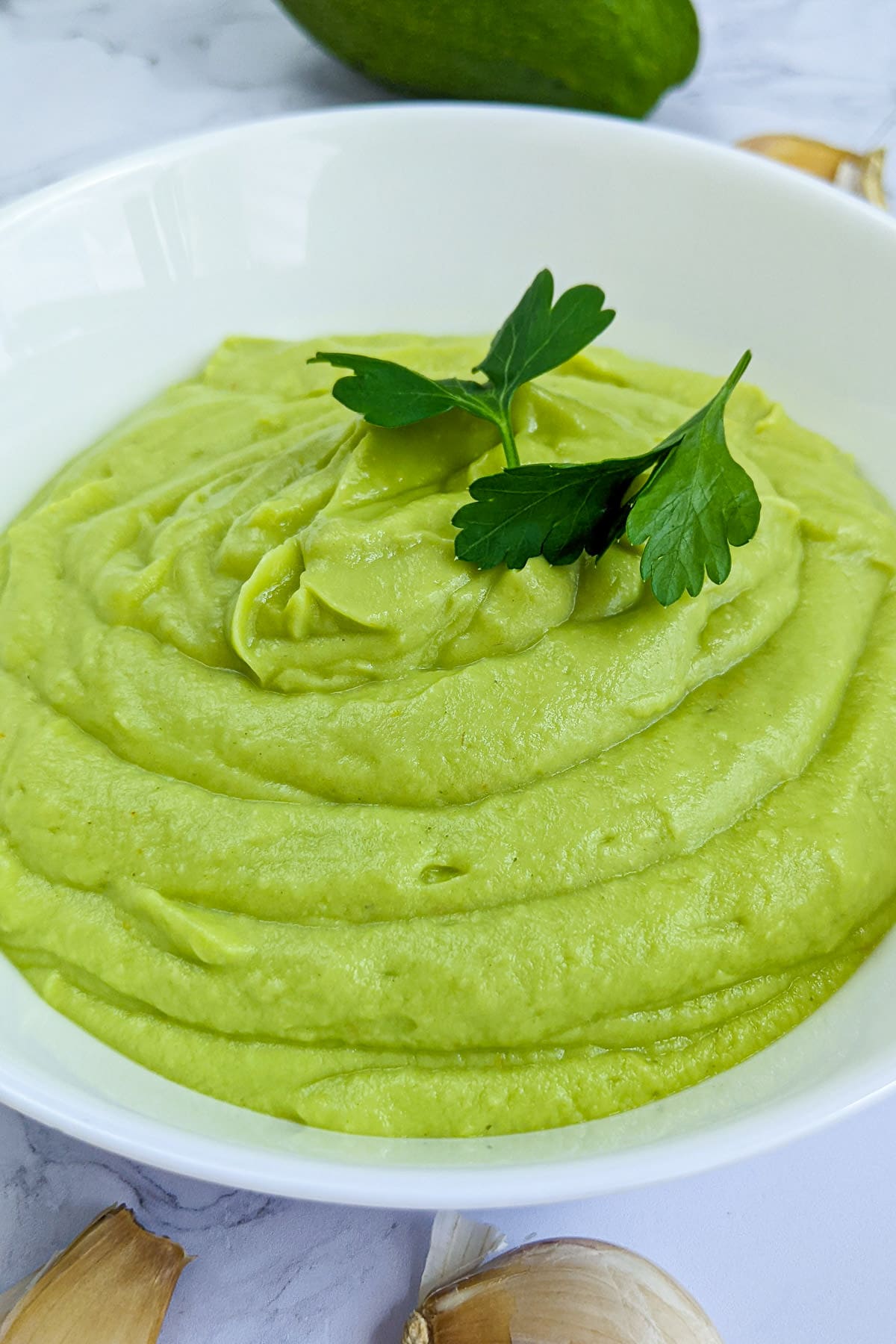 Close look of white plate with avocado creamy sauce.