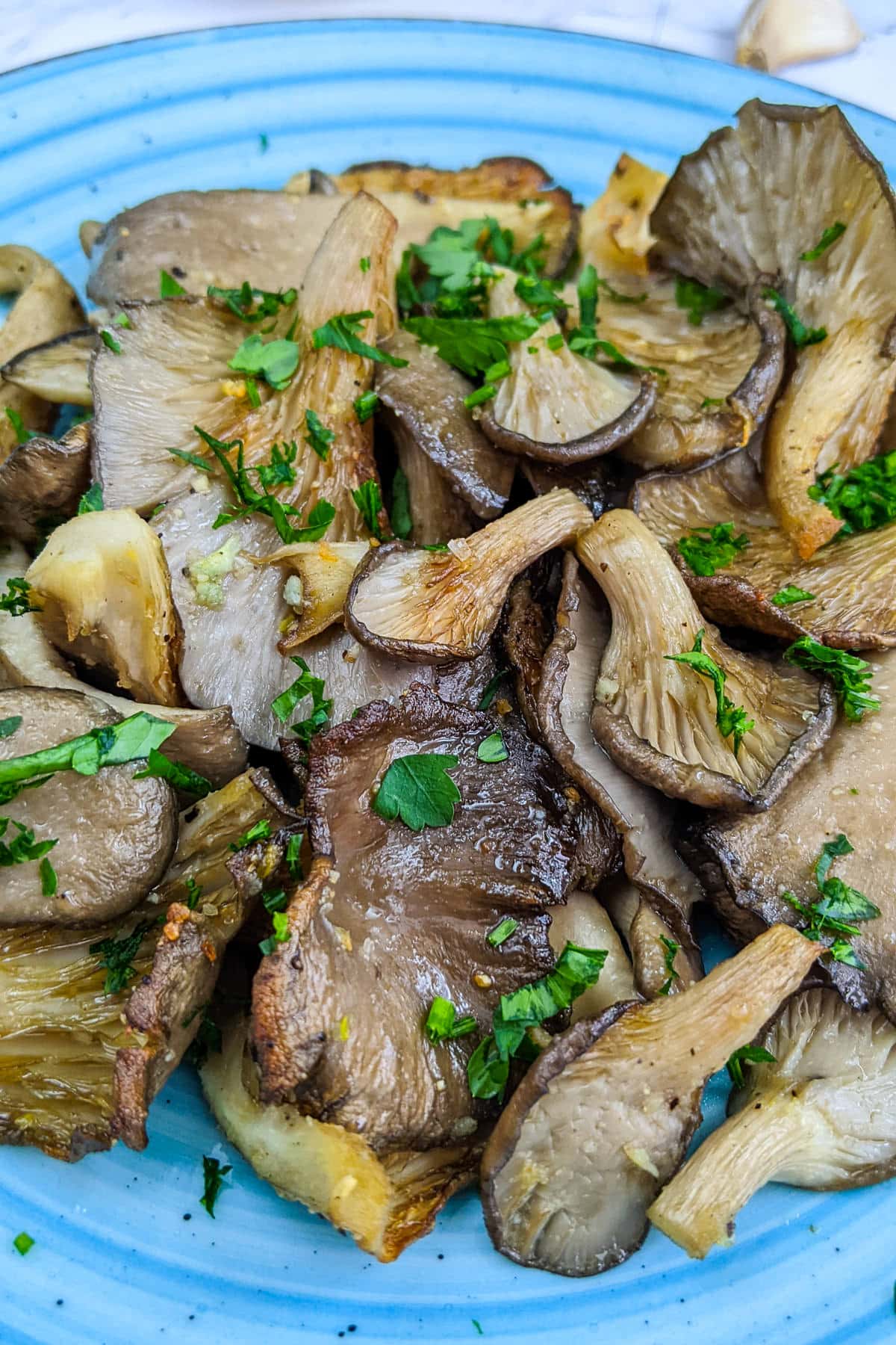 Close look of air frier oyster mushrooms with chopped parsley.