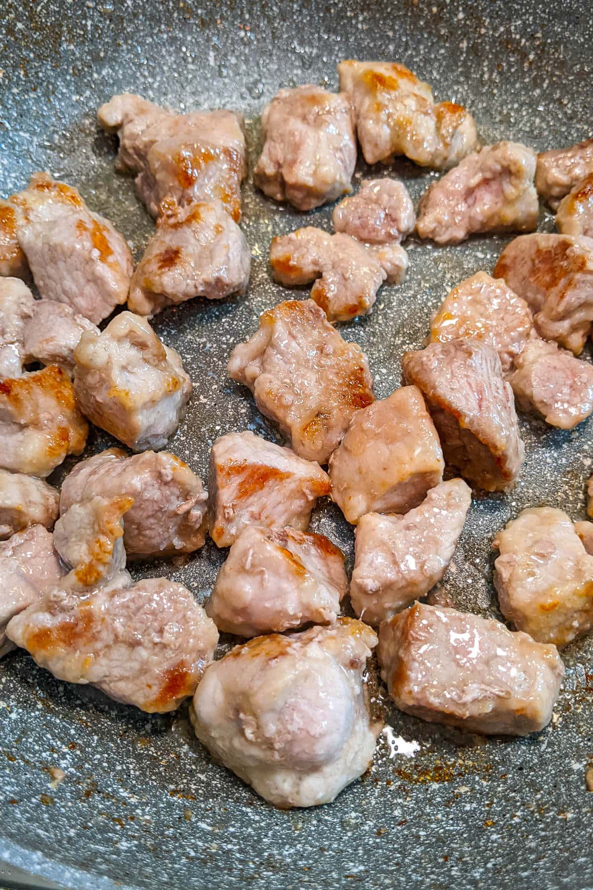 Top view of fried meat on a pan.