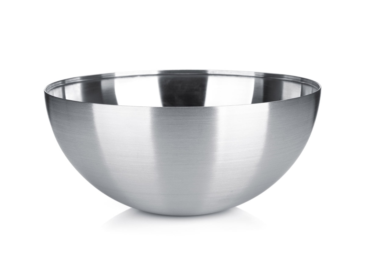 Stainless steel bowl on a white background.