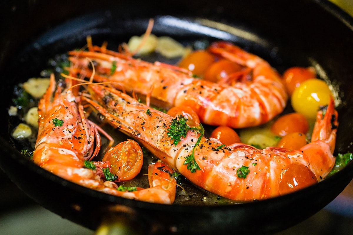 Cooked prawns directly from frozen on a pan.