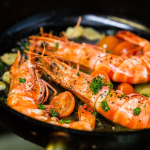 Cooked prawns directly from frozen on a pan.