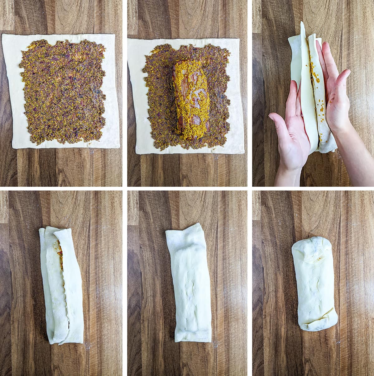 Step-by-step beef wellington rotating in dough.