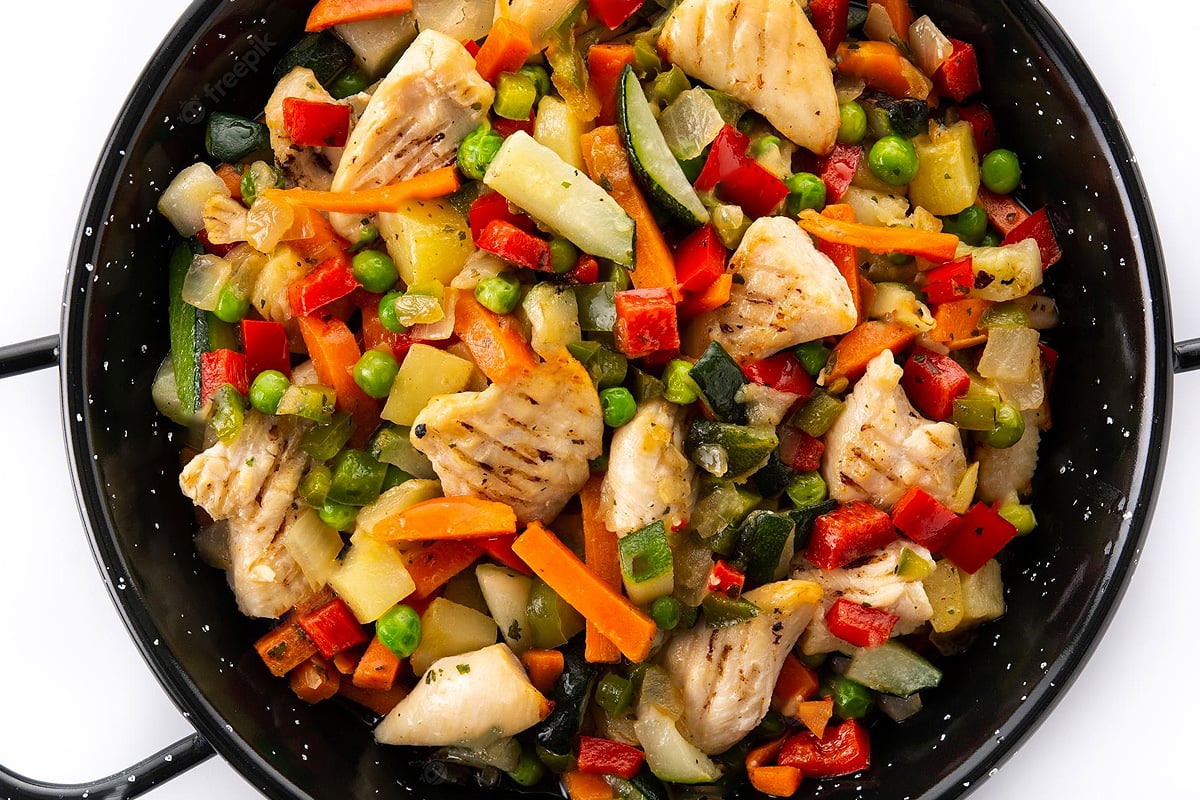 Close look of stir fry vegetables with chicken meat.
