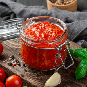 Jar with homemade tomato sauce with pepper and garlic.