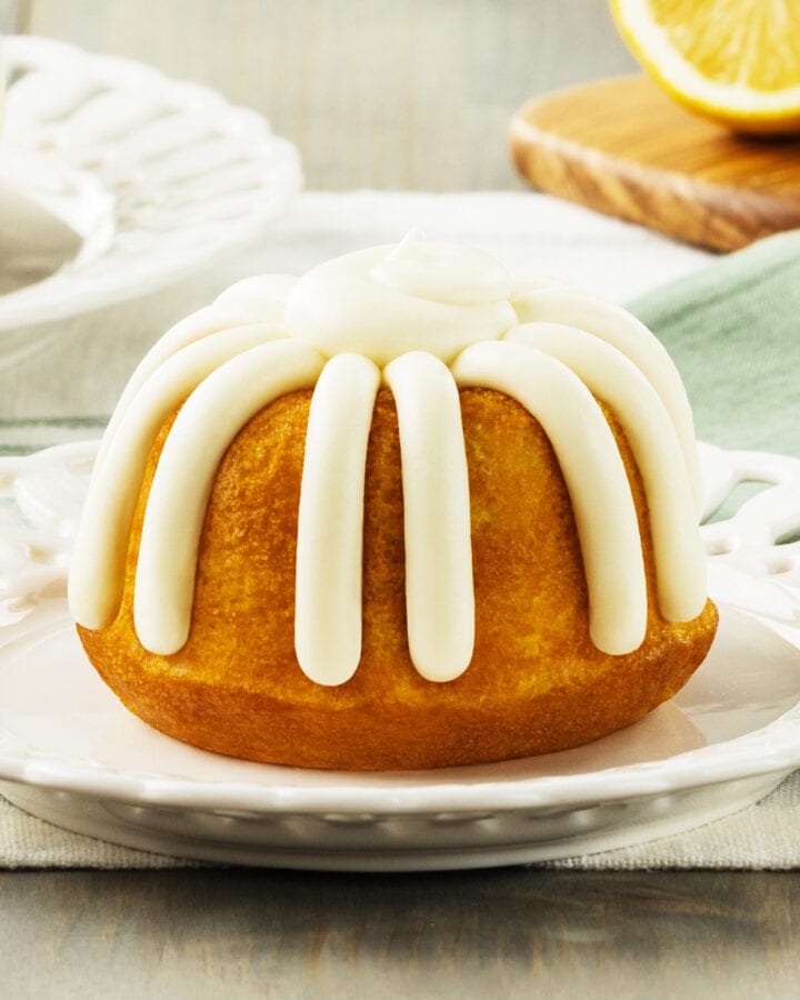 Nothing bundt cake on a white plate.