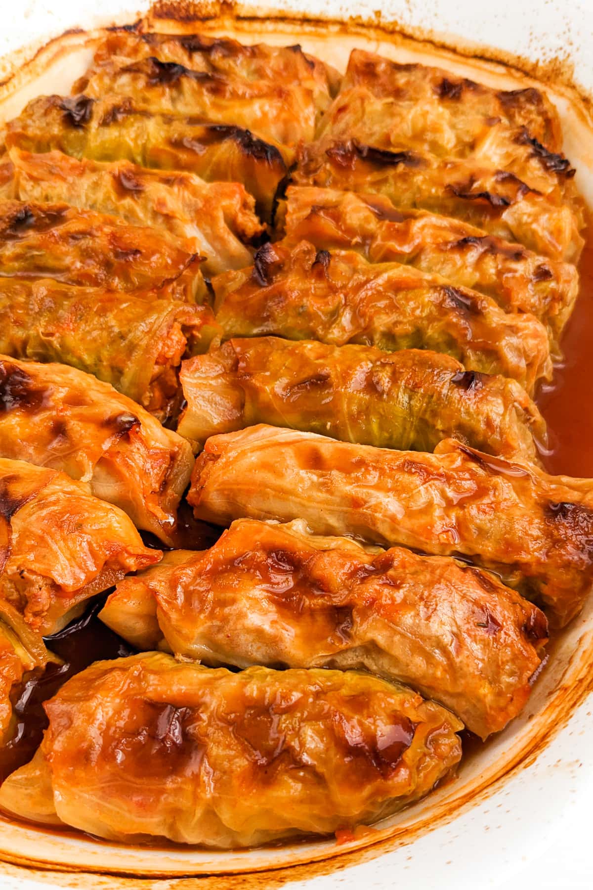 Close look of cooked cabbage pigs in the blanket.
