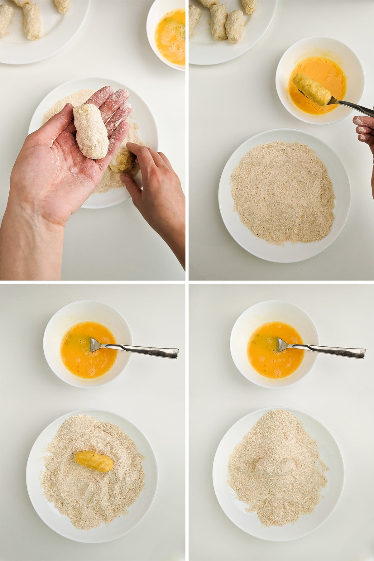 Step-by-step forming the chili nuggets, soaking them in an egg then covering in breadcrumbs.