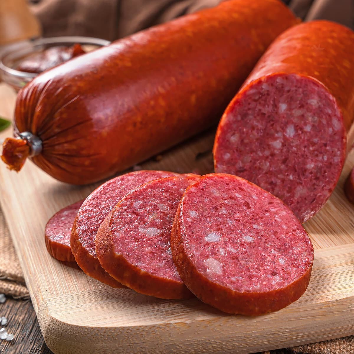Close look of sliced summer sausage on a wooden cutting board.