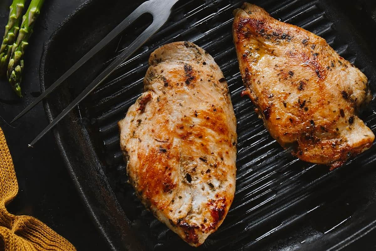Top view of two chicken breasts cooked on an electric grill.