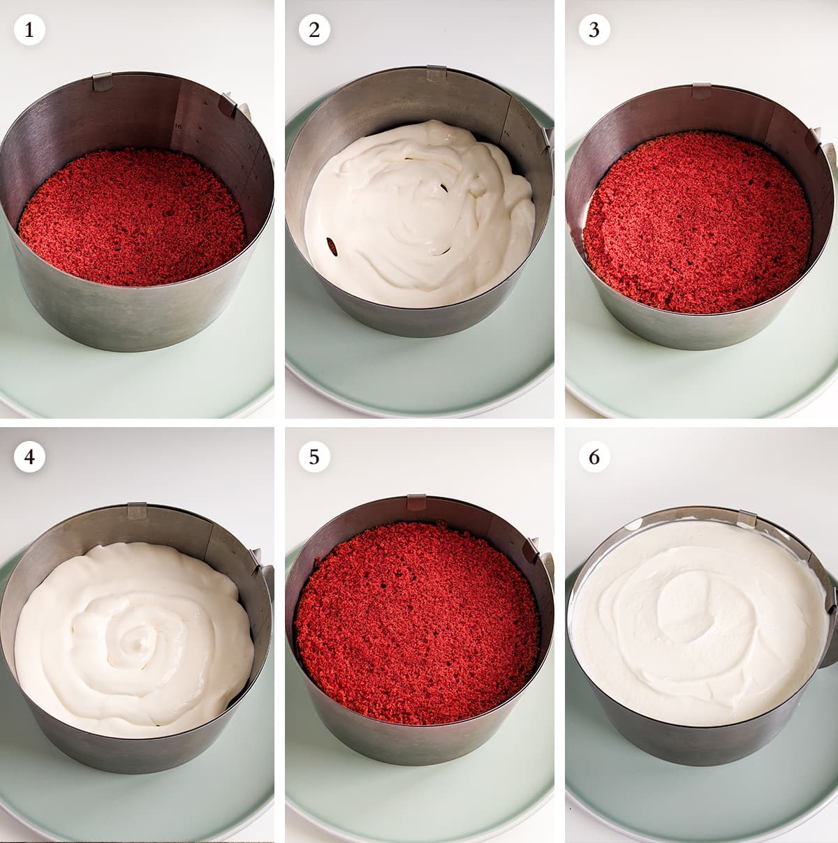 6 steps on how to assemble the red velvet cake.