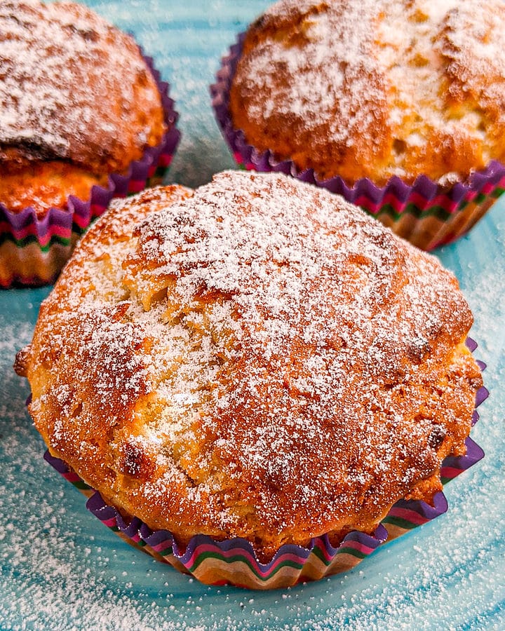 Close look of banana muffins from 4 ingredients covered with sugar.