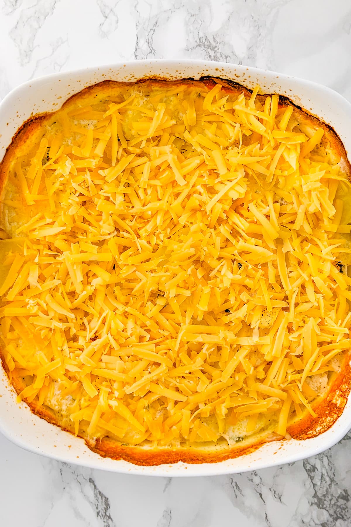 Shredded cheddar cheese over a casserole with dauphinoise potatoes..