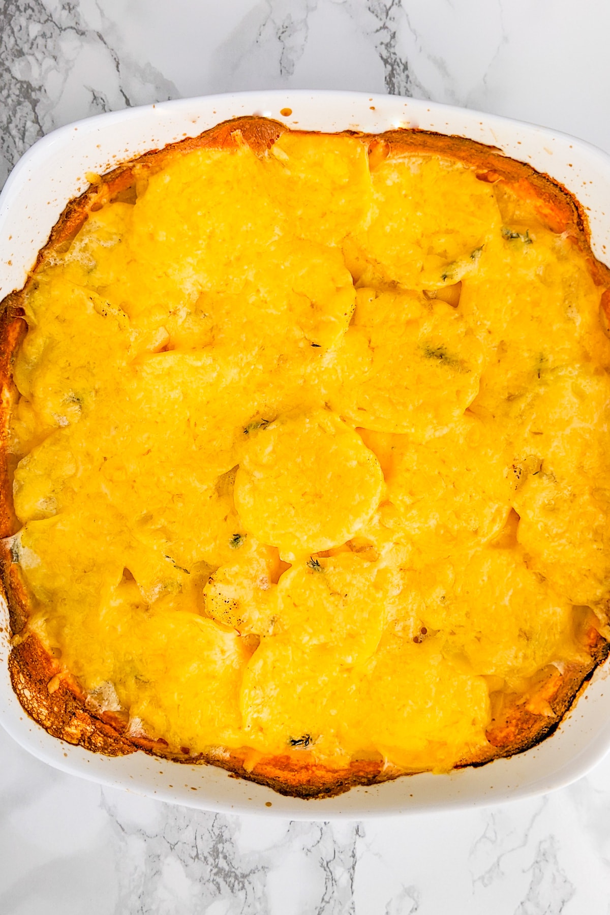 Top view melted cheese over dauphinoise potatoes.