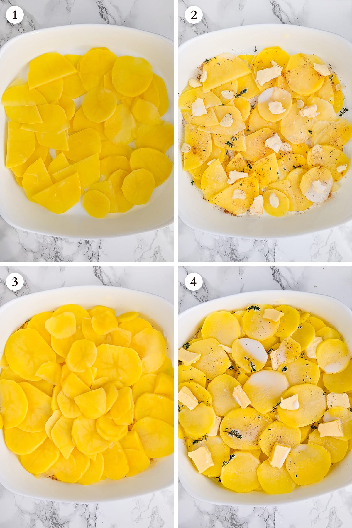 Step-by-step how to arrange dauphinoise potatoes in a casserole.