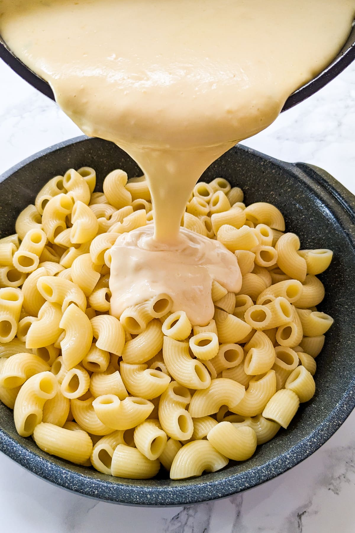 Pouring creamy sauce over boiled macaroni pasta.