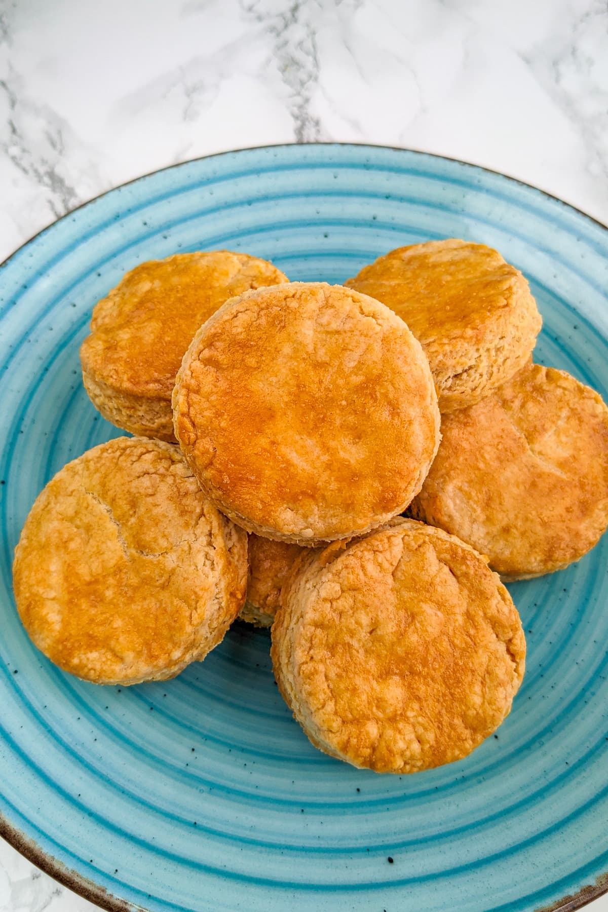 Close look of basic salty biscuits on a blue plate.