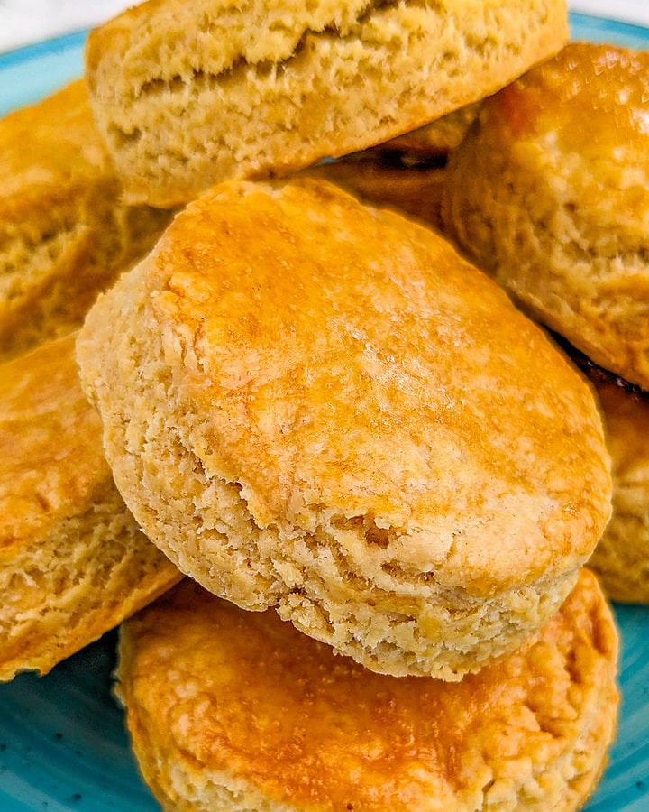 Close look of basic salty biscuits on a blue plate.