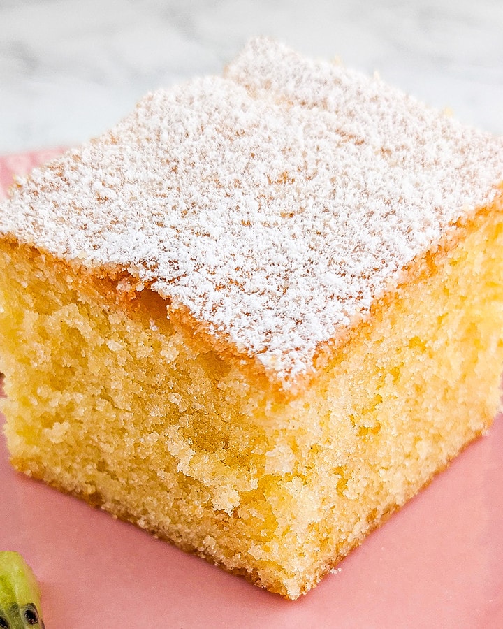 A close look of a a piece of air fryer sponge cake.