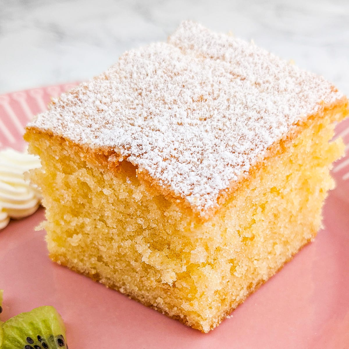 A close look of a a piece of air fryer sponge cake.