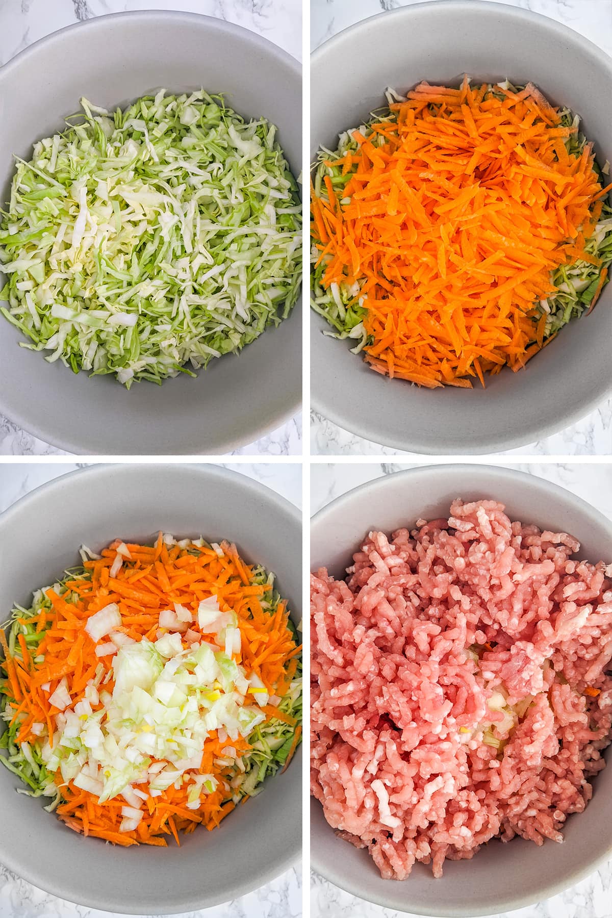 Collage of mixing different ingredients for cabbage pudding casserole.