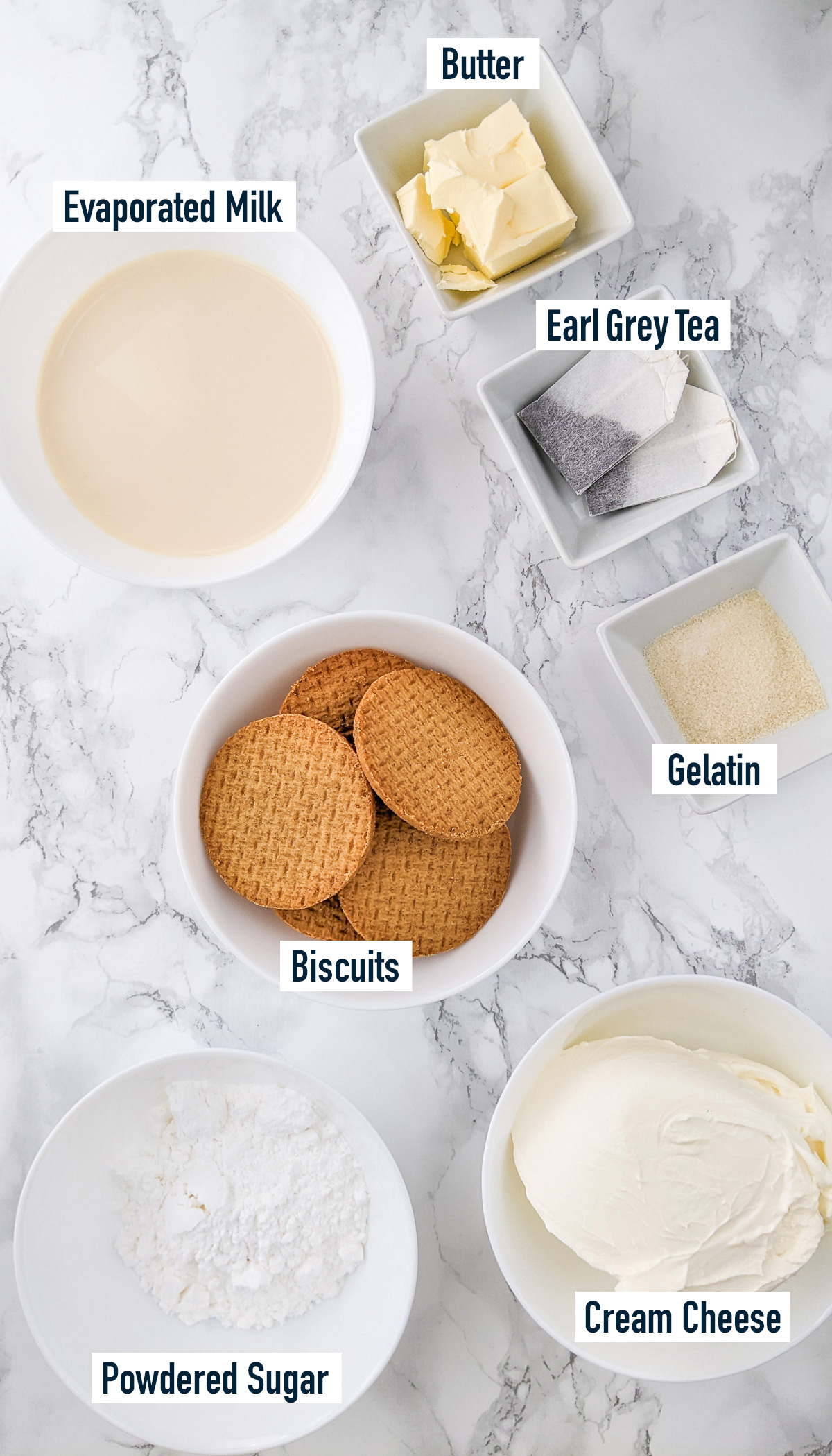 Biscuits, gelatin, cream cheese, sugar, earl gray and evaporated milk.