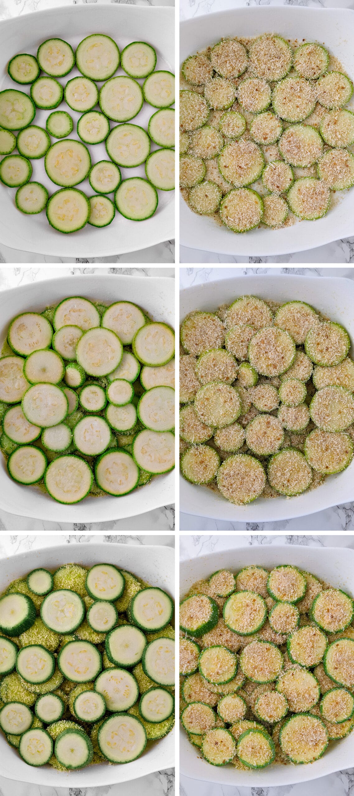 Step-by-step on how to arrange the zucchini casserole.