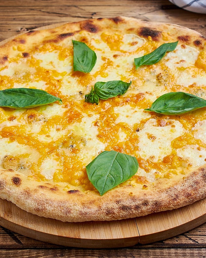 Close look of cheddar cheese pizza with basil leaves.